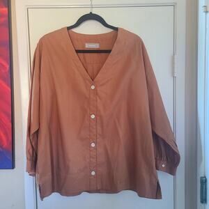 Everlane Lantern Silky Cotton Brown Top 3/4 Sleeve Button Front 16 Plus